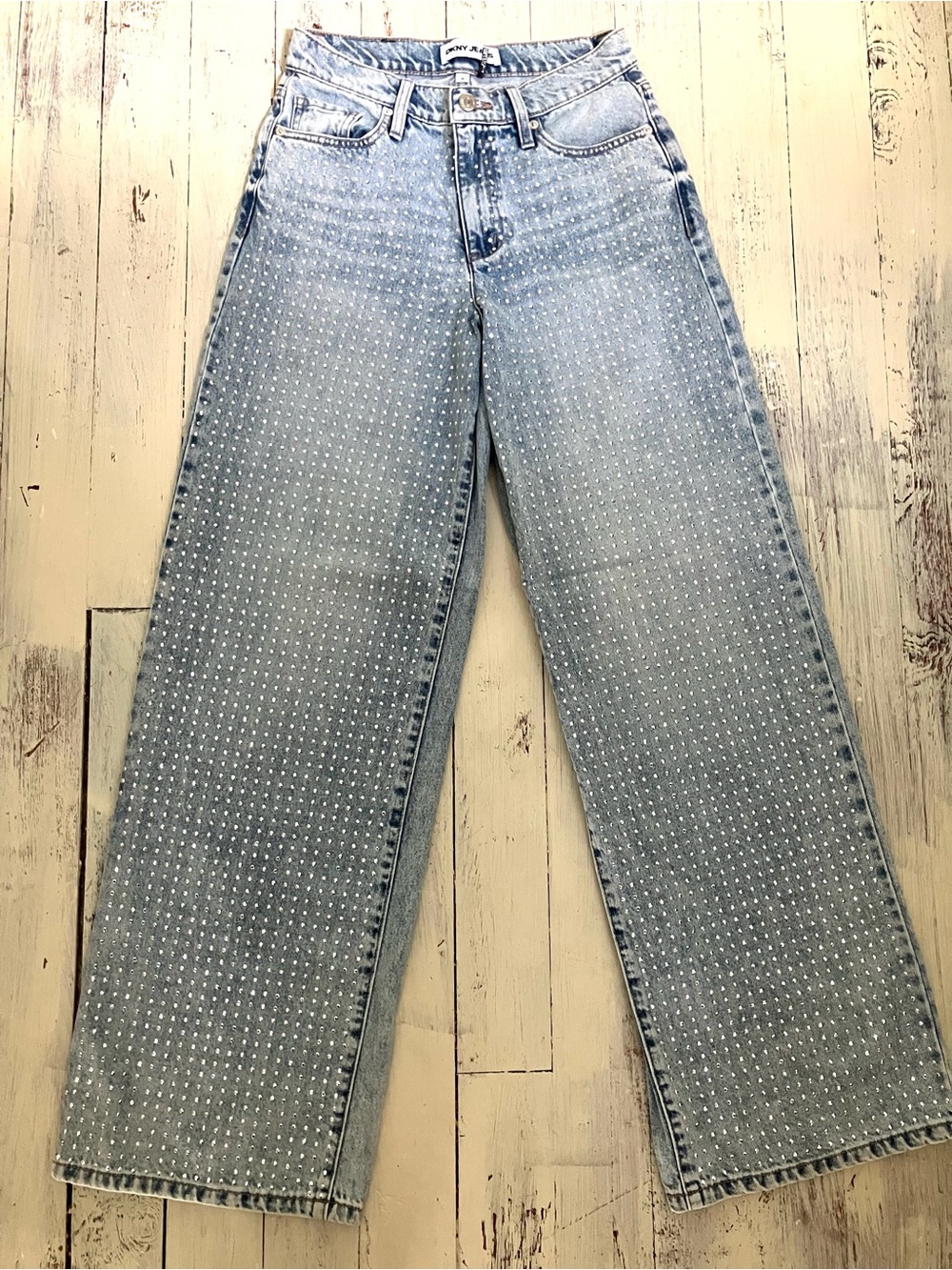 DKNY High Rise Rhinestone Studded Wide Leg Jeans Light Wash Denim Size 28 Y2K